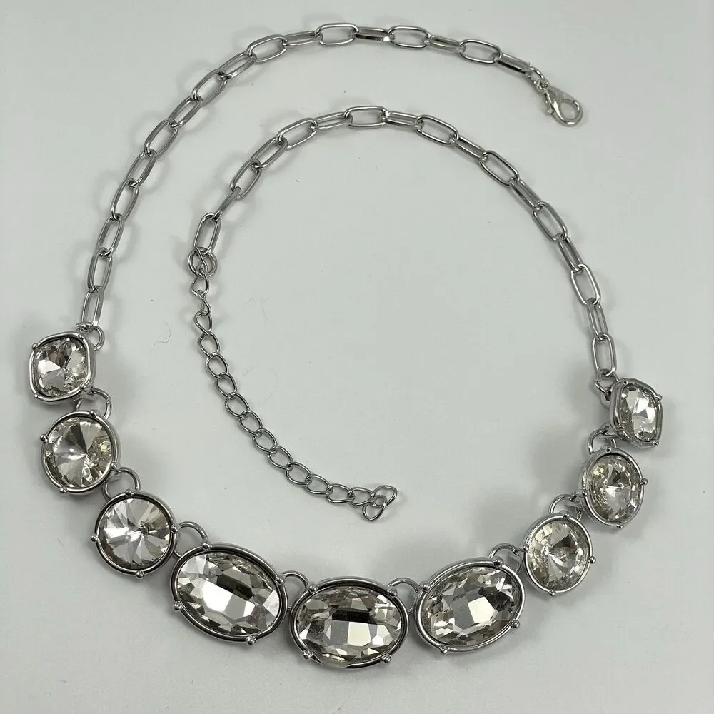 Silver Tone White Glass Rhinestone Collar Necklace Statement Bling Elegant